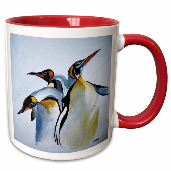 3drose, Three Emperor Penguins, Three Penguins Isolated on White Background, 15oz Two-tone Red Mug