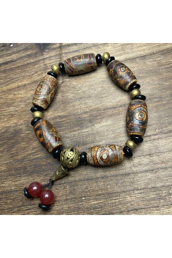 Three-Eye Dzi Bead Bracelet Tibetan Buddhist Stone Jewelry Unisex Adjustable Spiritual Protection
