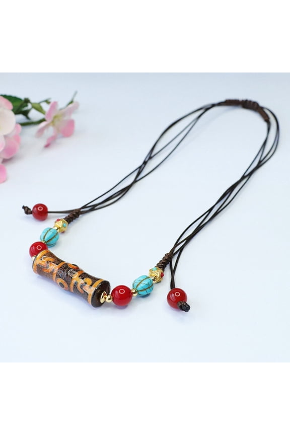 Three Eye Lotus Dzi Bead Necklace Tibetan Style Amulet Spiritual Protection Pendant Unisex Mala Talisman Gift for Meditation