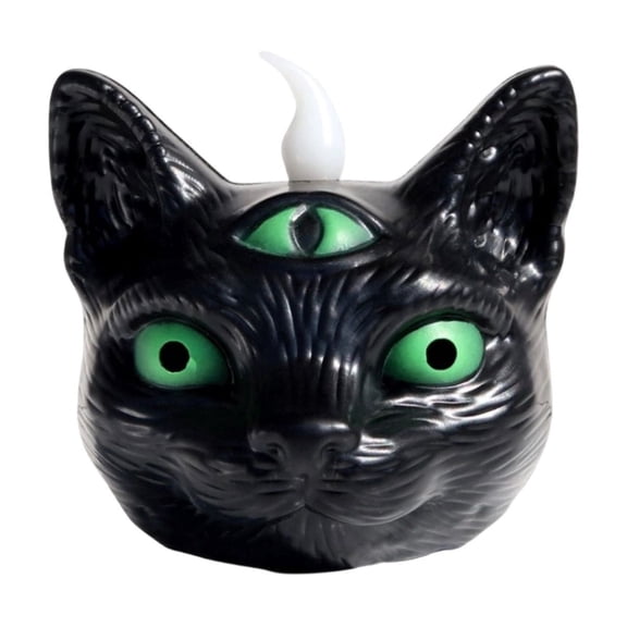 Three Eyed Black Cat Flameless LED Candle Figurine, Anti Tip Dual Mode Day Night Decor Statue, Safe Spooky Ambient Light for Halloween Party Gothic Table Mantel Arrangement