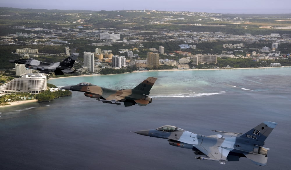 Three F-16 Fighting Falcons fly in formation over Tumon Bay Guam Canvas Art - Stocktrek Images (36 x 21)