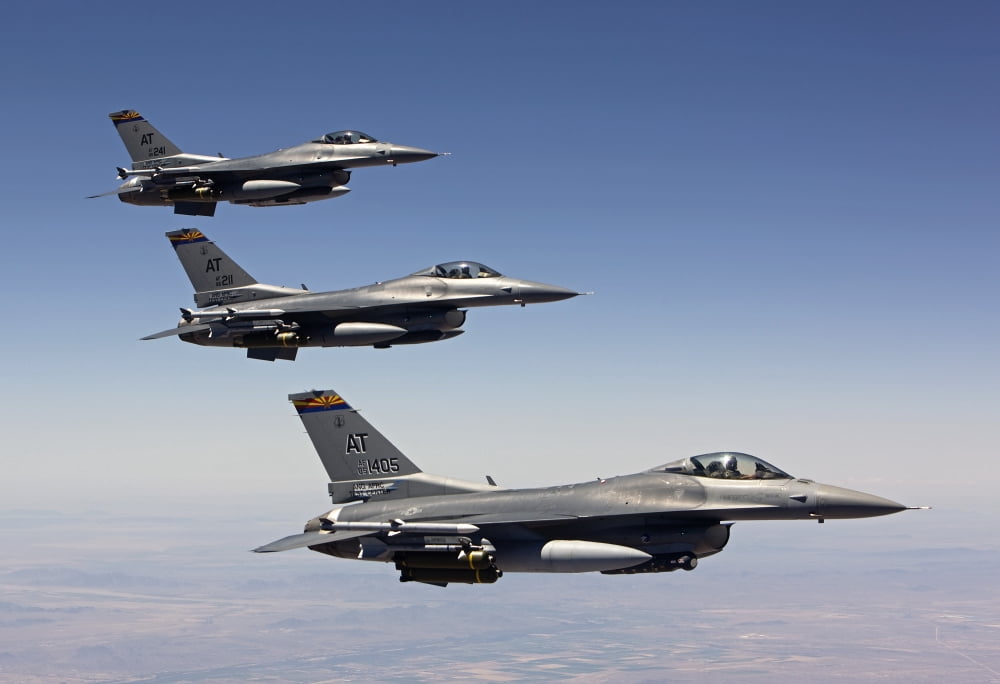 Three F-16s fly in formation over Arizona Canvas Art - HIGH-G ProductionsStocktrek Images (35 x 24)