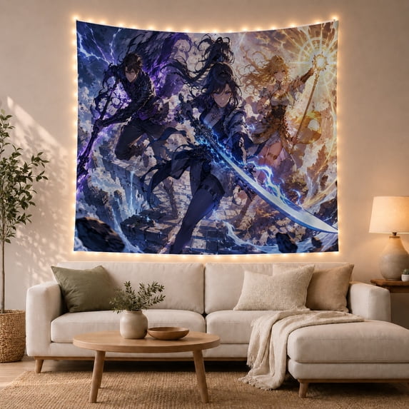 Three Fantasy Heroes in a Magical Lightning Storm, Dramatic Digital Art for Fantasy Art Lovers, Epic Mythical Wall Decor, Halloween Gift, Tapestry Wall Hanging for Bedroom and Living Room