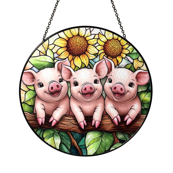 Three Farm Pigs Stained Glass Style Suncatcher Window Hanging Decor, Rustic Farm Animal Window Ornament Decorative Glass Art Panel for Farmhouse Interior Decor
