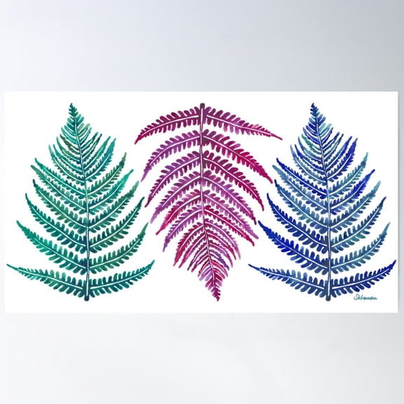 Three Ferns - Green, Pink, Blue Poster Wall Art, Modern Wall Decor For Living Room Bedroom, 16x24 UNFRAMED