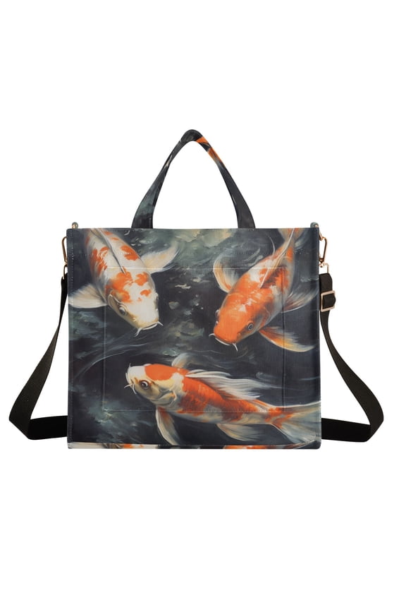 Three Fish Corduroy Tote Bag Handbag Large Messenger Bag Shoulder Crossbody Zipper Bag Purse
