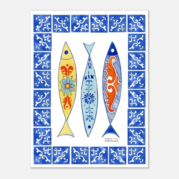 Three Fish Tile Border Poster, Unframed Paper Poster 8x10in