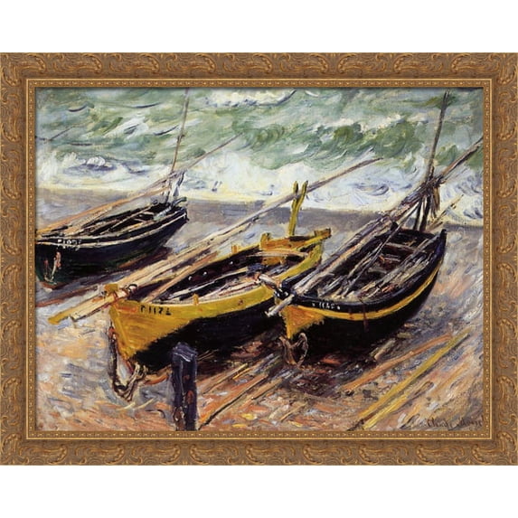 Three Fishing Boats 34x28 Large Gold Ornate Wood Framed Canvas Art by Claude Monet
