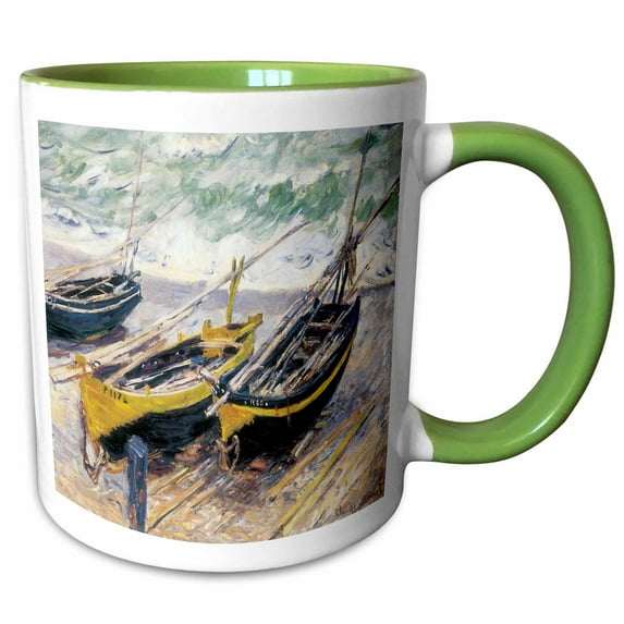 3drose, Three Fishing Boats by Claude Monet 1886, 11oz Two-tone Green Mug