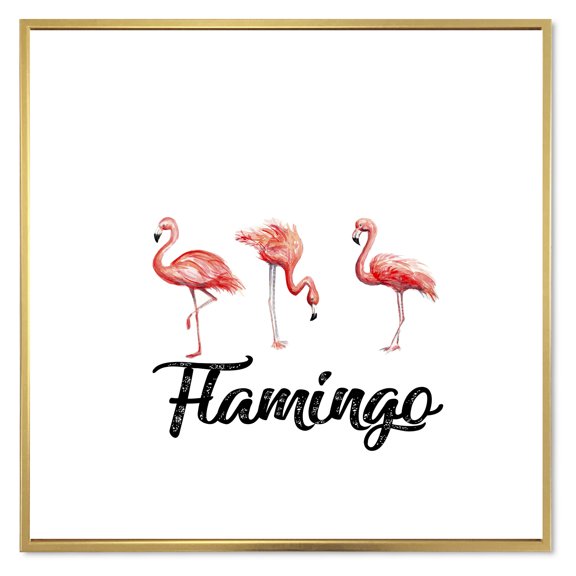 Three Flamingos On White 36 in x 36 in Framed Painting Canvas Art Print, by Designart
