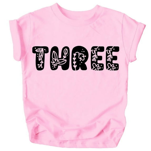Three Floral Numbers Ages 1-7 Girl's 3rd Birthday Shirt Black on Pink Shirt 4T