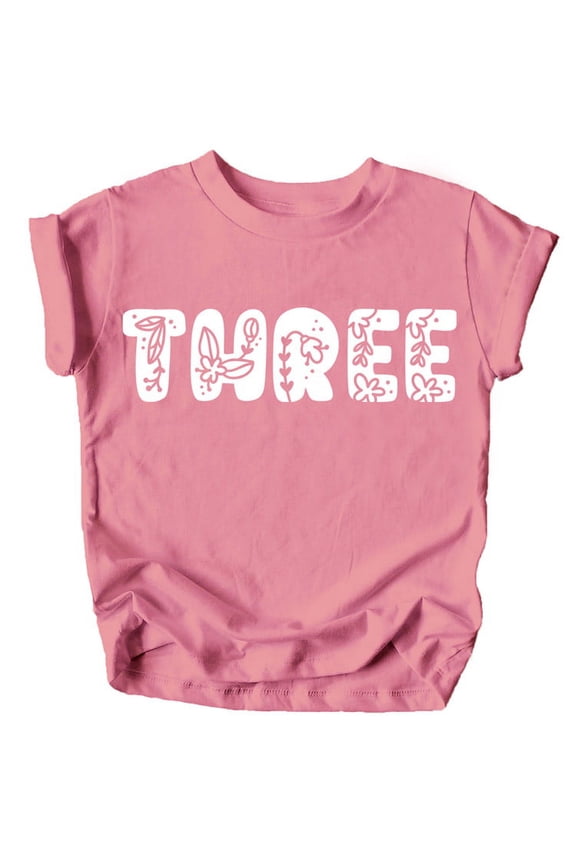 Three Floral Numbers Ages 1-7 Girl's 3rd Birthday Shirt White on Mauve Shirt 5-6