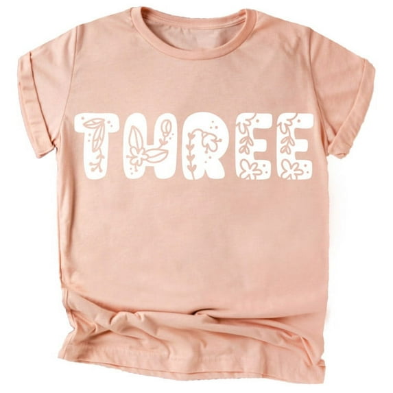 Three Floral Numbers Ages 1-7 Girl's 3rd Birthday Shirt White on Peach Shirt 4T