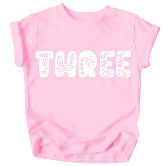 Three Floral Numbers Ages 1-7 Girl's 3rd Birthday Shirt White on Pink Shirt 4T