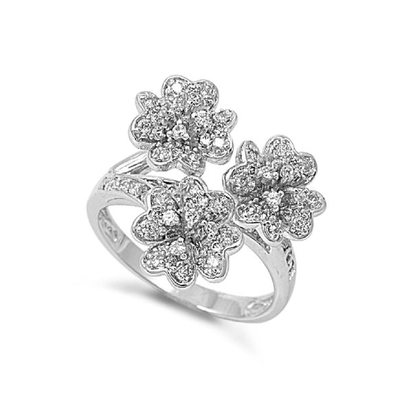 Three Flower Cubic Zirconia Ring Sterling Silver 925 Size 9