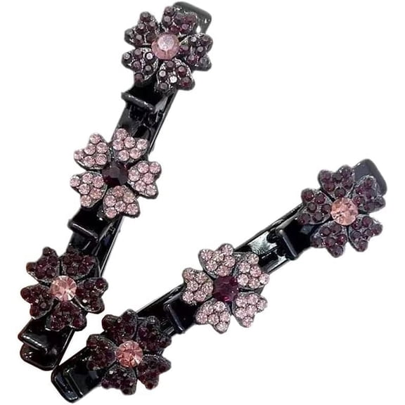 Three Flower Side Hair Clips, 2pcs Sparkling Crystal Stone Braided Hair Clips, Sectioning Hair Clips Flower Hair Clip for Women Girls
