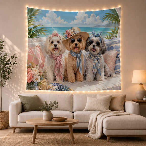 Three Fluffy Dogs on Tropical Beach With Ocean and Palms, Whimsical Digital Art for Pet Lovers, Beach Wall Art Decor, Housewarming Gift Tapestry Wall Hanging for Living Room and Bedroom