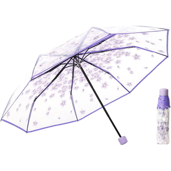 Three Fold Umbrella Women Transparent Clear Cherry Blossom, Cherry Blossoms Umbrella Cute Transparent Umbrella, Sakura Folding Sunshade Rain Umbrellas for Kids Girls Boys or Women