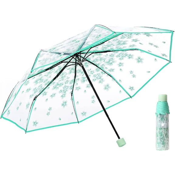 Three Fold Umbrella Women Transparent Clear Cherry Blossom, Cherry Blossoms Umbrella Cute Transparent Umbrella, Sakura Folding Sunshade Rain Umbrellas for Kids Girls Boys or Women