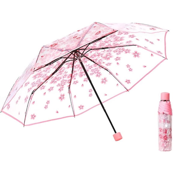 Three Fold Umbrella Women Transparent Clear Cherry Blossom, Cherry Blossoms Umbrella Cute Transparent Umbrella, Sakura Folding Sunshade Rain Umbrellas for Kids Girls Boys or Women