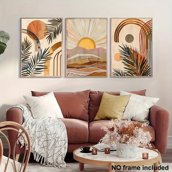 Three Frameless Bohemian Triptychs with Warm Toned Palm Leaf Design - Modern Abstract Wall Art Posters, Perfect for Living Room, Bedroom, or Office Decor, Office Artwork | Warm Toned Artwork | Frame