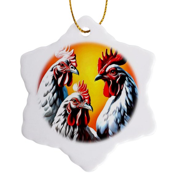 3drose, Three French Hens Faith Hope Charity, 3 inch Snowflake Porcelain Ornament