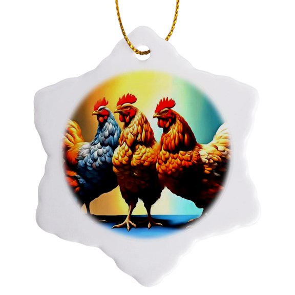 3drose, Three French Hens Faith Hope Charity V2, 3 inch Snowflake Porcelain Ornament