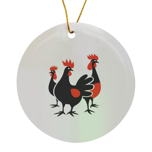 3drose, Three French Hens Retro Mid-century Cut-out in Red Black and White, Circle Porcelain Ornament
