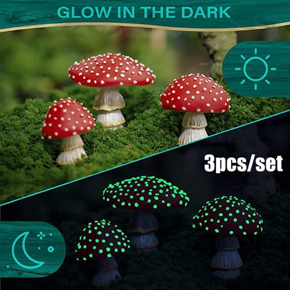 Three Garden Luminous Mushroom Ornaments Toadstool Outdoor Statues Red Cap Fungi