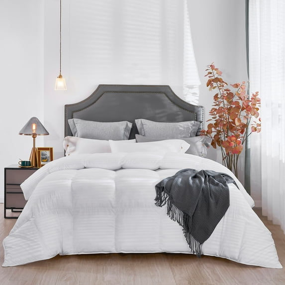 Three Geese Duvet Insert Down Alternative Comforter Queen Size, Soft Lightweight Quilted All Season Bedding Comforter with 8 Corner Tabs, Hypoallergenic & Machine Washable ( White  Stripe, 90"X90")