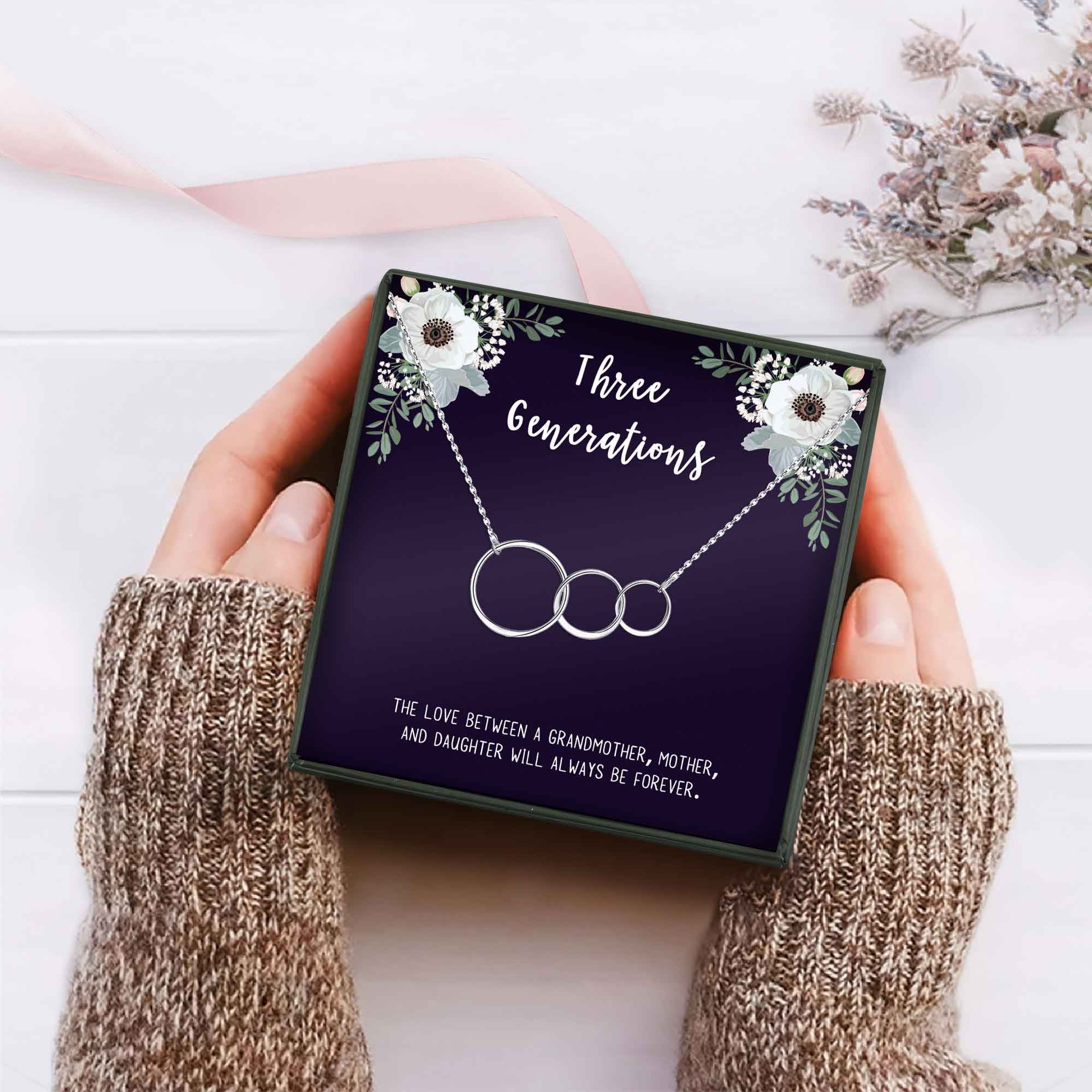 Three Generation Gift for Grandma, Mother, Daughter, Gift for Mom, Gift for Her, Gift for Mother's Day with Gift Box and Ship Next Day! [Silver Triple Infinity Cube , No-Personalized Card]