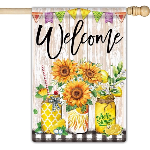 Three Glass Mason Jar Welcome Summer Garden Flag Spring Summer Bee Happy Double Sided Rustic Farmhouse Large Yard Seasonal Holiday Outdoor Decor 28 × 40 Inch