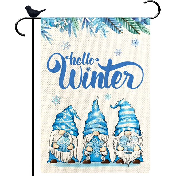 Three Gnomes Hello Winter Garden Flag Burlap Small Vertical 12.5x18 Snowflakes Snow Garden Yard House Flags for Winter Christmas Seasonal Outside Outdoor House Decor