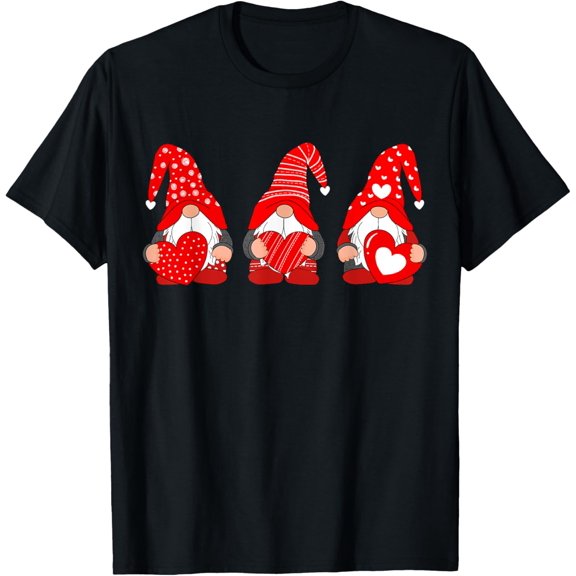 Three Gnomes Holding Heart Valentine's Day For Women Girls T-Shirt Casual Short Sleeve Shirt