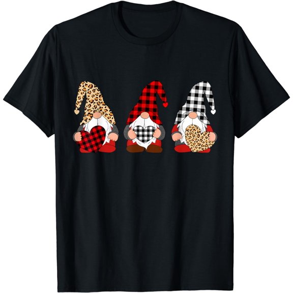 Three Gnomes Holding Leopard Heart & Plaid Valentine's Day T-Shirt