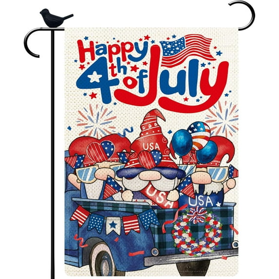 Three Gnomes in Truck Happy Independence Day Garden Flag Summer 4th of July Double Sided Vertical Rustic Burlap Farmhouse Small Yard Seasonal Holiday Outdoor Decor 12.5 × 18 Inch