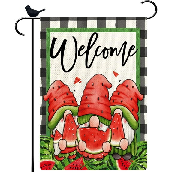 Three Gnomes Welcome Summer Garden Flag Spring Summer Double Sided Vertical Rustic Burlap Farmhouse Small Yard Seasonal Holiday Outdoor Decor 12.5 × 18 Inch