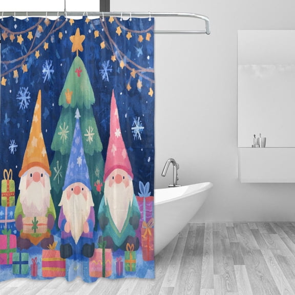 Three Gnomes in Front Christmas Tree Cartoon Shower Curtains with 12 Hooks Waterproof Bathroom Decor 66" x 72"
