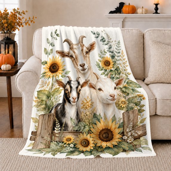 Three Goats Behind Rustic Fence Sunflowers Watercolor Farm, Cozy Friendship Quote Scene, Warm Flannel Blanket for Living Room and Reading Nook, Art Lovers Friendship Gift, Artistic Home Decor