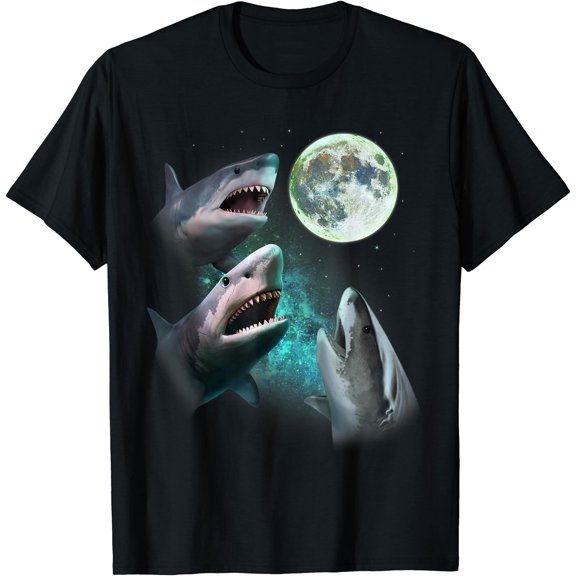 Three Great White Sharks Howl At Moon 3 Wolfs Funny Parody T-Shirt