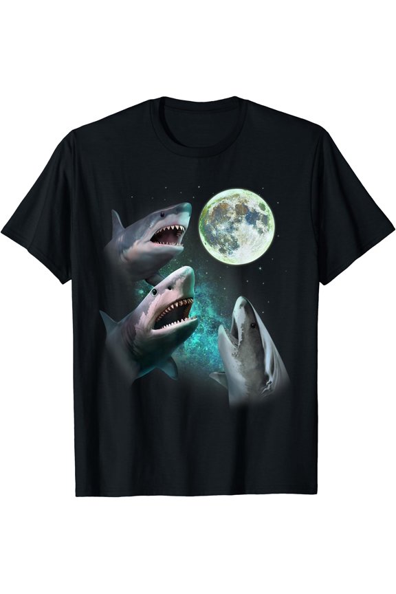 Three Great White Sharks Howl At Moon 3 Wolfs Funny Parody T-Shirt