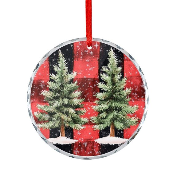 Three Green Pine Trees on A Red And Black Checkered Background Glass Ornament Holiday Decorations And Xmas Gift Ideas Xmas Pine Trees Round Glass Christmas Ornaments