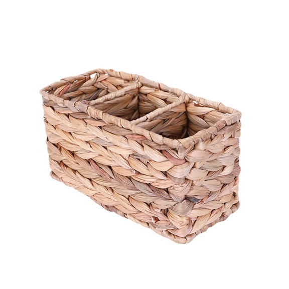 Three-Grid Hand Woven Storage Container for Daily Household Item Sorting and Space Organization in Natural Materials