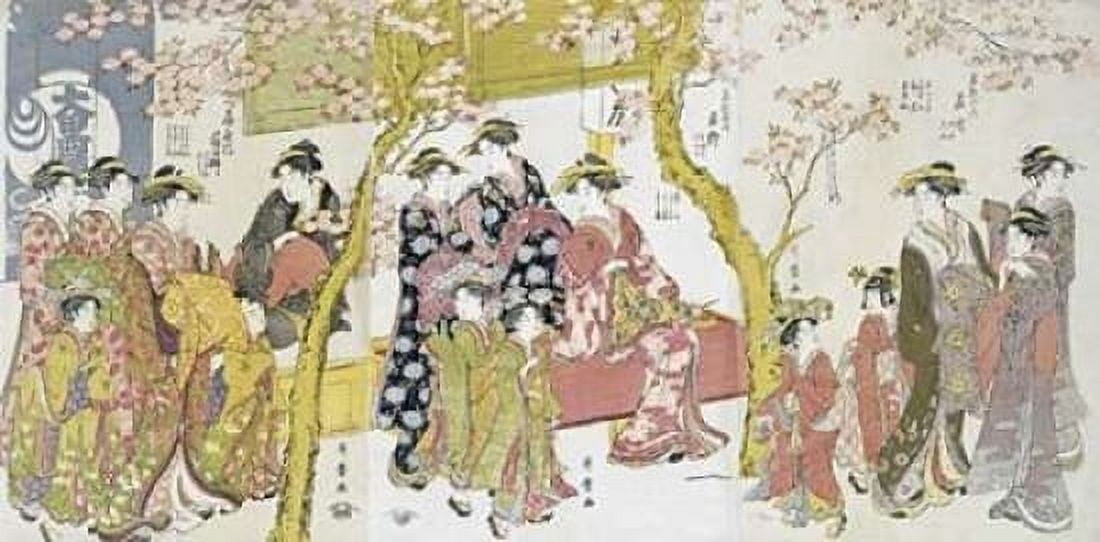 Three Groups of Courtesans With Their Shinzo and Kamuro Canvas Art - Kitagawa Utamaro (24 x 48)