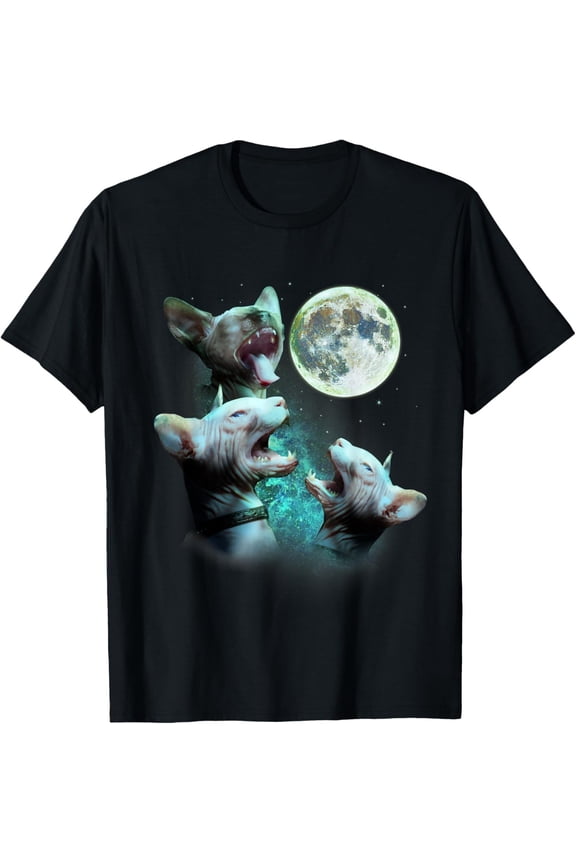 Three Hairless Sphynx Cats Howl At Moon 3 Wolfs T-Shirt
