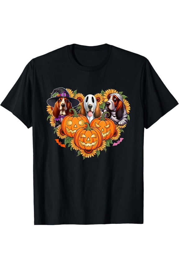 Three Halloween Basset Hounds Cosplay Witch Boo Mummy T-Shirt