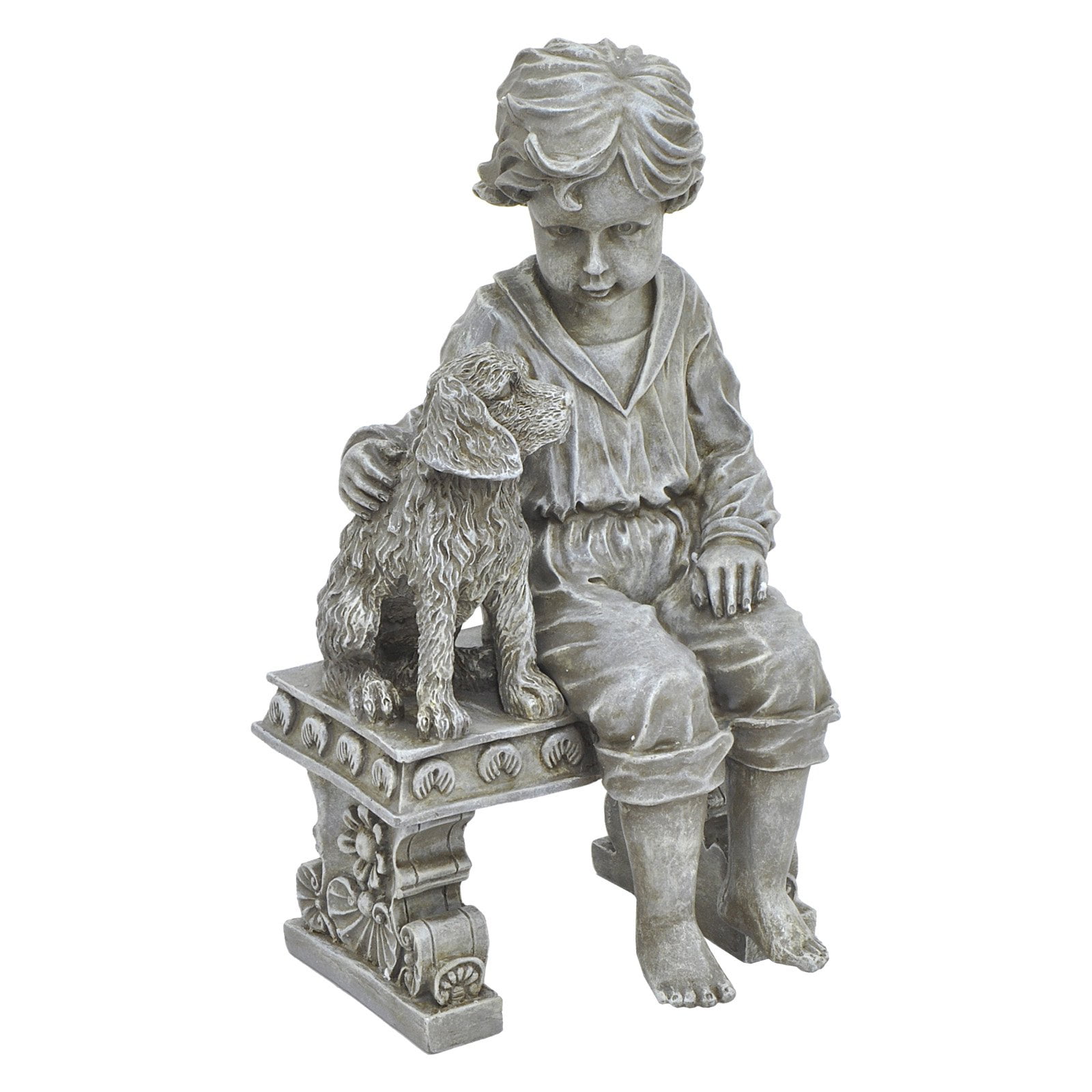 Three Hands Boy with Dog on Bench Garden Statue
