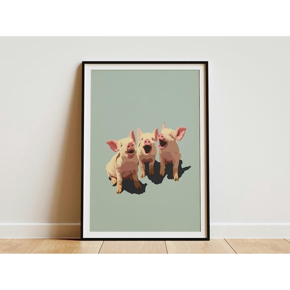 Three Happy Piglets Sitting Together With Pink Ears And Snouts On Light Blue Background Poster Unframed Paper Print