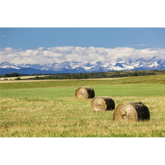 Three Hay Bales in A Field with Mountains in The Background Slightly Snow Covered & Cloudy with Blue Sky Poster Print - 38 x 24 in. - Large