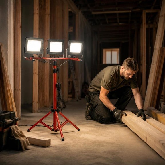 Three-Head LED Work Light, 15000 Lumens Portable Light with Tripod Stand, Indoor Outdoor Job Site Lighting